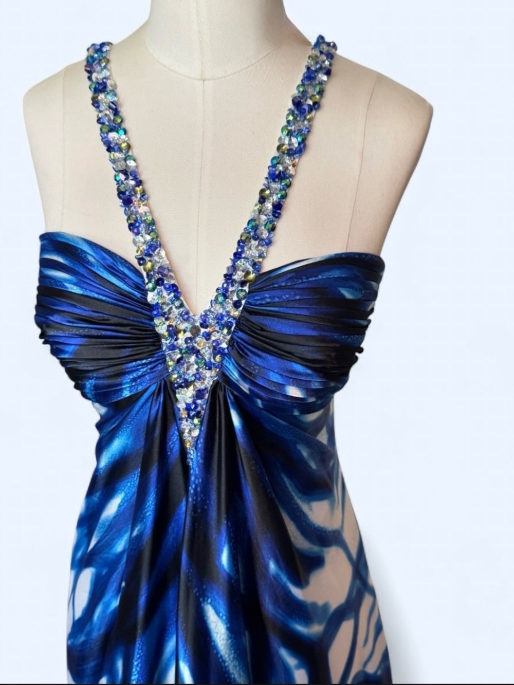 Cache Blue and White Beaded-Strap Maxi Dress lined with a slit at the bottom - Picture 3 of 15